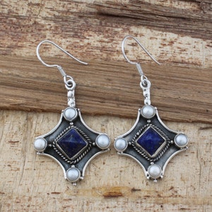 Lapis Lazuli Pearl Earrings: Sterling Silver Pyramid Dangle Earrings
