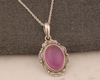 Purple Jade Sterling Silver Pendant Necklace - Boho Handmade Jewelry