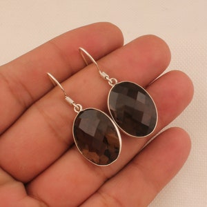 Handmade Oval Smoky Quartz Earrings: 925 Sterling Silver Bezel Set