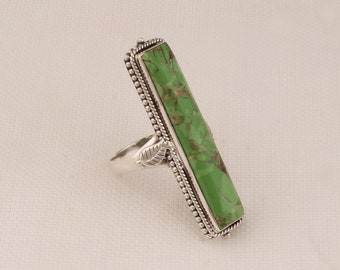 Green Copper Turquoise Ring Handmade Long Rectangle Bar Gemstone Ring, Silver Leaves Ring