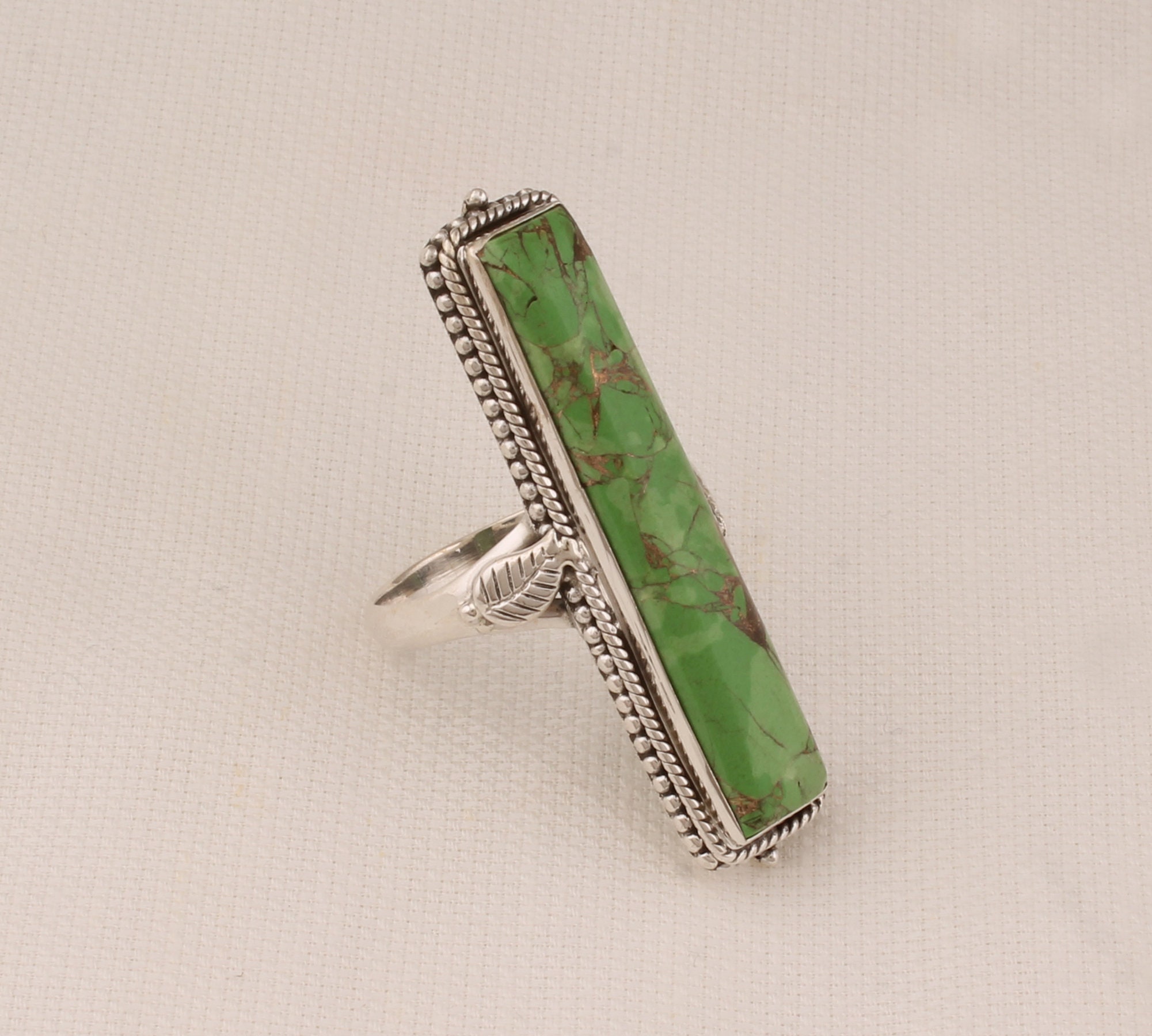 グリーンコッパーターコイズスターリングシルバーリング：ロングバー