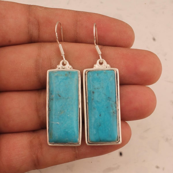 Pendientes de turquesa de plata de ley hechos a mano: rectángulo bohemio colgante