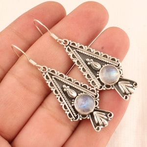 Rainbow Moonstone Sterling Silver Earrings: Engraved Boho Jewelry