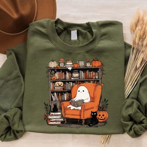 Cute Ghost Reading Book Sweatshirt, Vintage Halloween Shirt, Halloween Teacher Shirt, Ghost Shirt, Reading Shirt, Retro Halloween Shirt