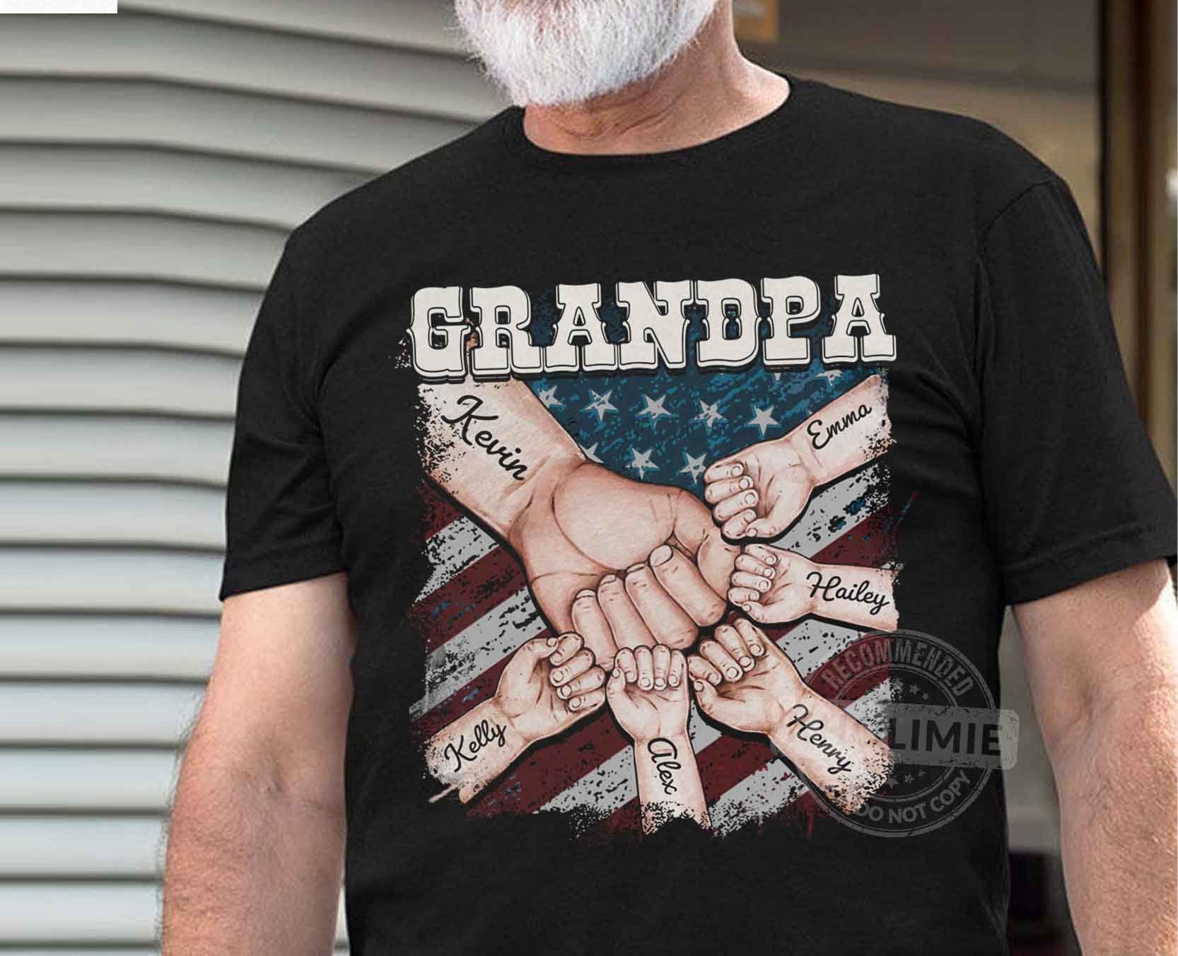 Personalized Grandpa Fist Bump Shirt With Grandkids Names, Dad American Flag Shirt, Father's Day Shirt, Grandpa Shirt, Gift For Grandpa