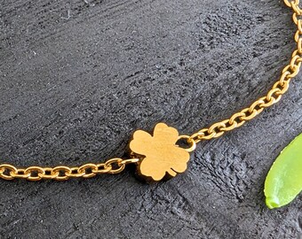 Tiny 18K gold four leaf clover bracelet, Dainty luck bracelet, Stackable and minimalist 18K gold clover bracelet, Christmas gift for women
