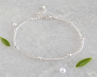 Pulseira satélite de prata, pulseira delicada de corrente com miçangas para mulheres, pulseira empilhável minimalista para ela, corrente fina, presente simples para irmã