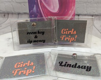 CUSTOM Clear Glitter Flap Card Holder - Perfect for Cash & Hotel Keys