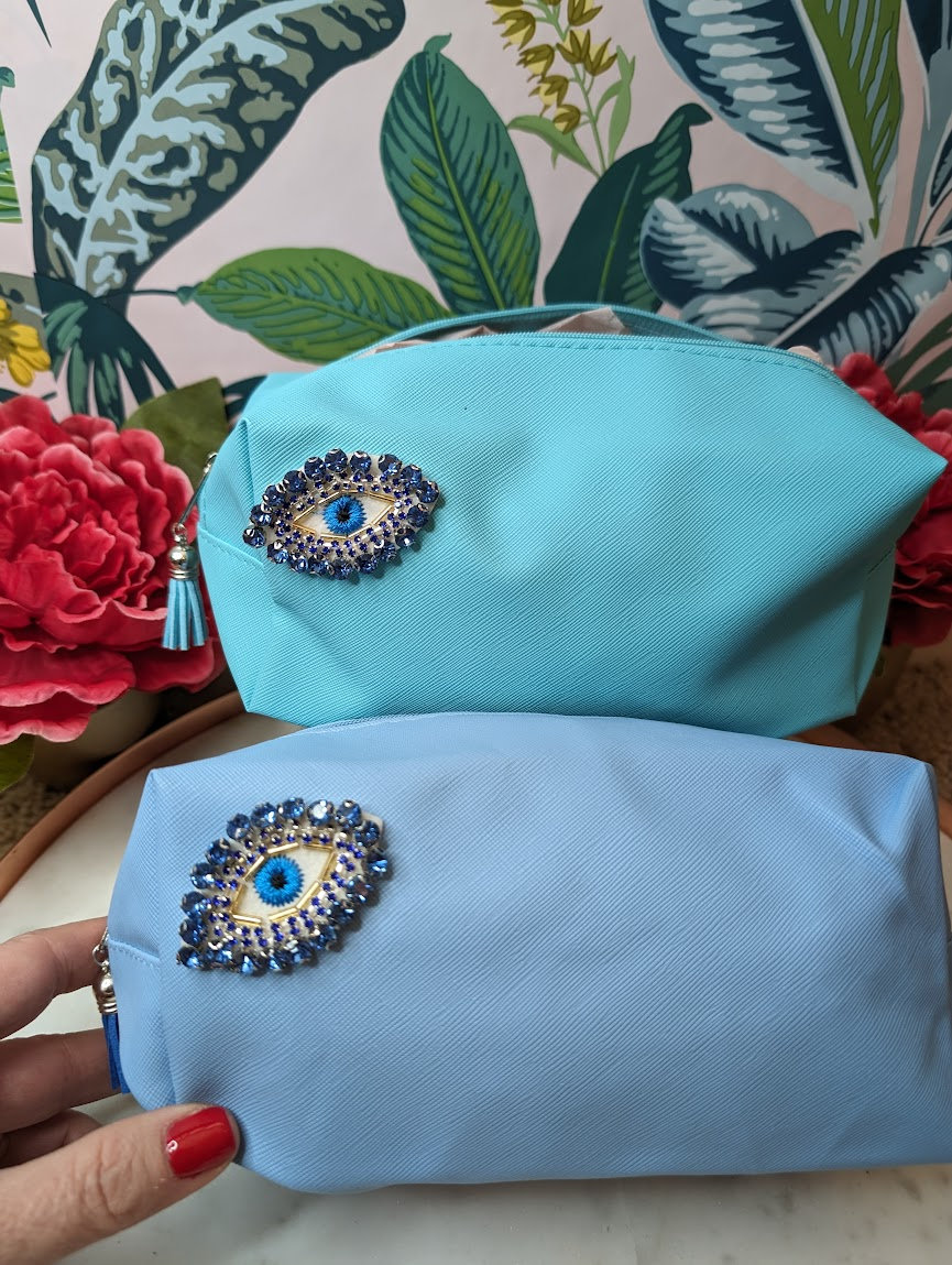 Super Chic Cosmetic Pouch with Handmade Beaded Diamond Evil Eye - Turkish Eye - The Perfect Mothers Day or Bridal Party Gift