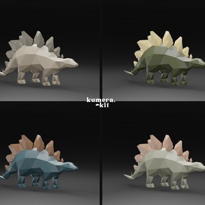 May include: Four origami paper dinosaur models in different colours: beige, green, blue and grey. Each dinosaur has a spiky back and a long tail.