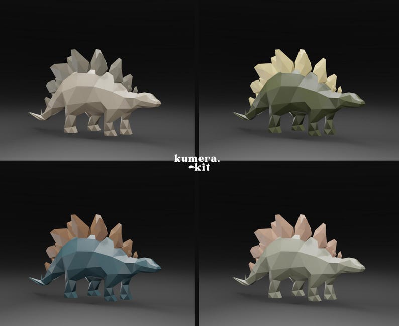 May include: Four origami paper dinosaur models in different colours: beige, green, blue and grey. Each dinosaur has a spiky back and a long tail.