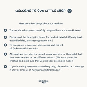 May include: A text-based image with a welcome message for a shop called "kumera.kit". The image provides instructions for customers on how to use the shop's products, including information about handmade items, product details, and instructions for accessing an instructional video.