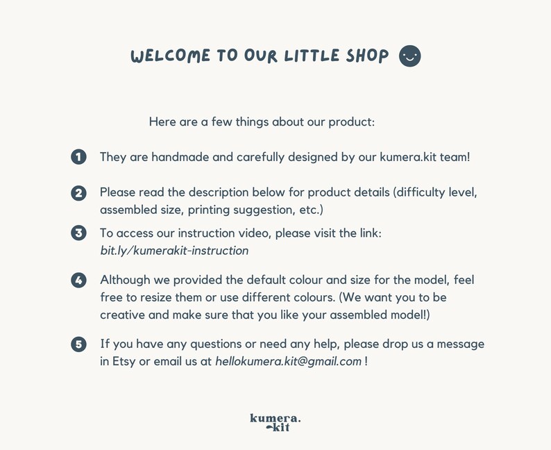 May include: A text-based image with a welcome message for a shop called "kumera.kit". The image provides instructions for customers on how to use the shop's products, including information about handmade items, product details, and instructions for accessing an instructional video.