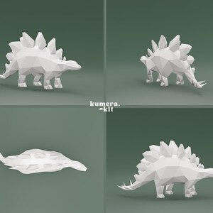 May include: A white papercraft model of a Stegosaurus dinosaur in four different poses. The dinosaur is made of folded paper and has a textured surface.