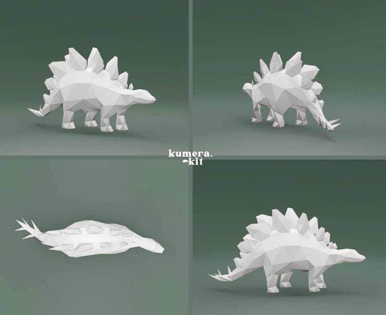 May include: A white papercraft model of a Stegosaurus dinosaur in four different poses. The dinosaur is made of folded paper and has a textured surface.