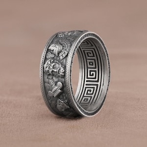 Handgemachte griechische Mythologie Ring, antike griechische Olympus Götter Statue Ruinen Meander, Sterling Silber Ring, antikes Griechenland Gedenkgeschenk