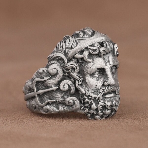 God of The Sea Poseidon Statement Ring, Trident Engraved Greek Mythology Ring, Roman God Neptune Ring, Handmade Sterling Silver Biker Ring