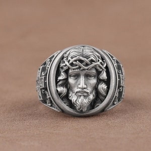 Our Lord Jesus Christ Wearing Crown of Thorns Christian Signet Ring, Oxidized 925 Sterling Silver Religious Men Jewelry, Handmade Face Ring