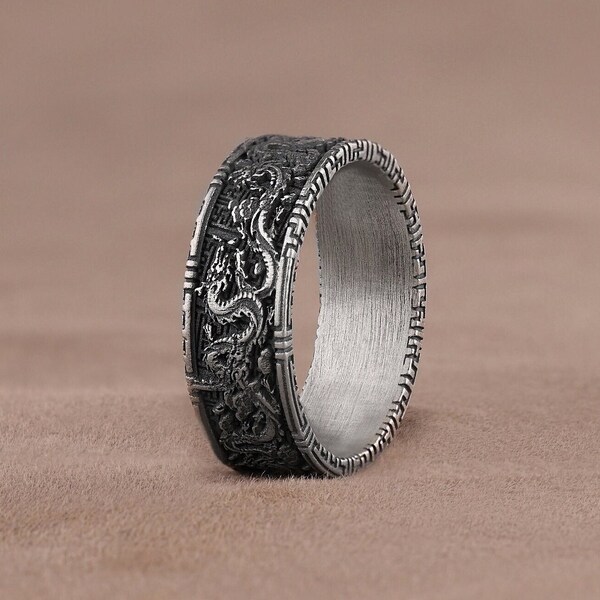 Chinese Dragon Ornament Wedding Band, Handmade Sterling Silver Ring, Traditional Dragon Mythology Ring, Engraved Dragon Pattern Silver Band