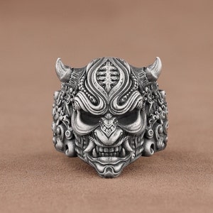 Japanese Hannya Mask Statement Ring, Handmade Sterling Silver Intricate Design Japan Ring, Cool Thumb Ring For Men, Unique Boyfriend Gift