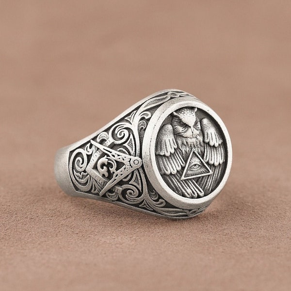 Freemason All Seeing Eye and Owl Signet Ring, The Square and Compasses Engraved Ornamented Mens Pinky Ring, Handmade Sterling Silver Ring