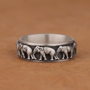 Hand Carved Flock of Elephant Ring, Unique Sterling Silver Engagement Band with Animal Motif, Elegant Promise Ring, Good Luck Jewelry