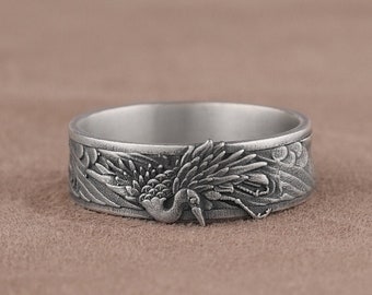 Grey Heron Ardea Cinerea Ring, Crane Bird Wedding Ring, East Asian Silver Ring, Engraved Bird Wedding Bands, Handmade Promise Ring for Men