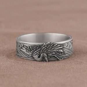 Grey Heron Ardea Cinerea Ring, Crane Bird Wedding Ring, East Asian Silver Ring, Engraved Bird Wedding Bands, Handmade Promise Ring for Men