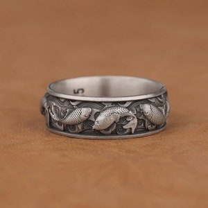 Beautiful Waves and Fish Engraved Ring in 925 Sterling Silver, Elegant Japanese Koi Fish Carved Band Ring for Couples, Unique Promise Ring