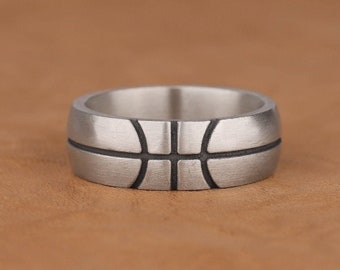 Oxidized Basketball Band Ring, Handmade 925 Sterling Silver Basketball Statement Band Ring For Boyfriend, Cool and Unique Ring for Husband