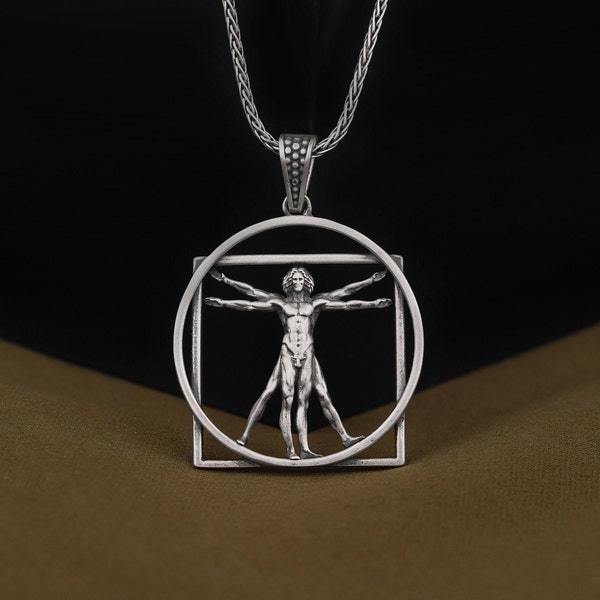 925 Sterling Silver Da Vinci Vitruvian Necklace, Elegant Sacred Geometry Art Necklace, Oxidized Minimalist Jewelry, Unique Birthday Gifts