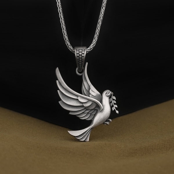 Pigeon Holding Branch with its Beak Good Luck Necklace, Oxidized Silver Animal Necklace, Unique Dainty Necklace, 925 Sterling Silver Jewelry
