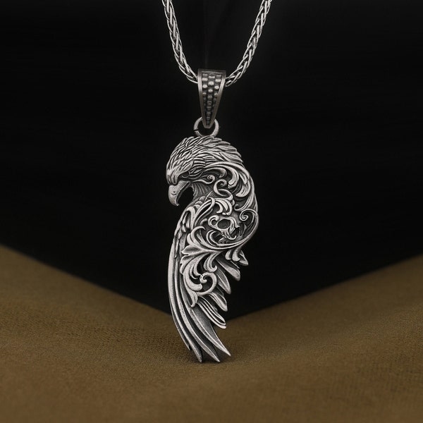 Uniquely Designed Hawk Pendant in Sterling Silver, 925 Sterling Silver Victorian Motif Necklace, Handmade Necklace, Carved Unique Jewelry