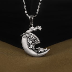 Lovely Winged Dragon Napping on the Crescent Moon Necklace, Unique Celestial Fantasy Jewelry, Handmade 925 Sterling Silver Pendant for Them