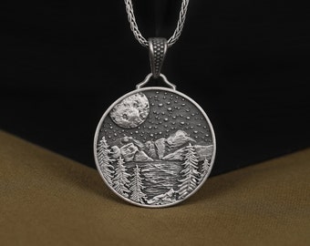 Mountains and Forest Landscape Medallion, Handmade Sterling Silver Necklace, River and The Full Moon with Stars Pendant, Unique Necklace