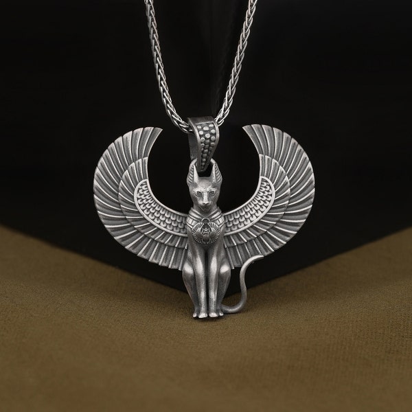 Egyptian Goddess Bastet Statue Necklace, Bast with Scarab on Its Chest Protection and Good Luck Charm, Handmade Silver Womens Pendant