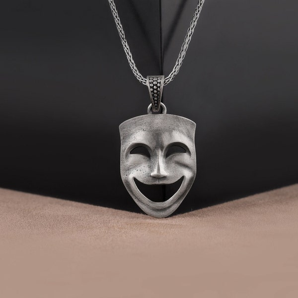 Collier masque comique, pendentif masque dramatique en argent sterling, collier masque visage heureux, cadeau pour petite amie, pendentif masque de théâtre pour homme