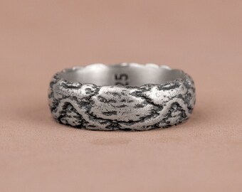 Unique Rough Rock Texture Silver Band Ring, Handmade Promise Wedding Ring for Groom, Gifts For Boyfriend, Oxidized Streetwear Ring, Men Gift