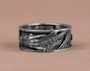 Unique Rockn Roll Tehemed Silver Band Rings, Guitar Engraved Band Ring, Punk Style Men Band Ring, Electric Musical Gift Rings, Birthday Gift