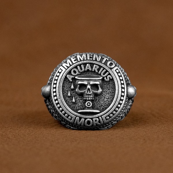 Aquarius Memento Mori Men Ring, Skull Mens Signet Ring, Sterling Silver Gothic Ring, Gift For Best Friend, Unusual Zodiac Ring