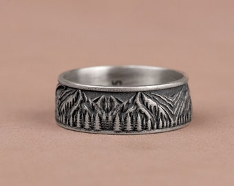 Handmade Mountain Wedding Silver Band Ring, Nature Classic Wedding Jewelry, Engraved BandRing, Unique Promise Ring, Gift For Mother and Dad