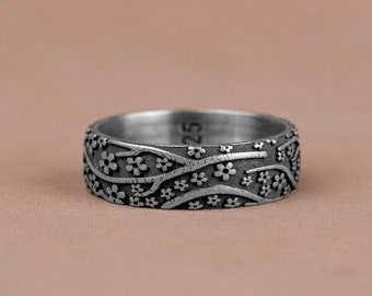 Sakura Flower Band Silver Ring, Japanese Wedding Band Ring with Sakura Flowers, Cool Sakura Flower Band Ring, Japanese Ring For Groom Bride