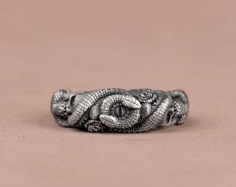 Skull Wedding Band Ring with Snake and Rose, Eva 925 Silver Wedding Men Ring, Cool Signet Man Band Rings, Rose Man Ring, Gifts For Boyfriend