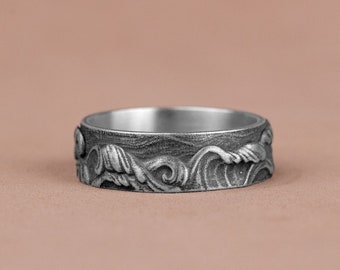 Bagues en argent uniques en forme de vague de mer, jonc de bijoux de mariage en argent oxydé, bague de fiançailles, bijoux en argent vague, cadeaux pour maman