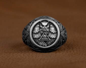 Silber Eule Ring, Auge der Vorsehung Eule Männer Silber Ring, oxidiert Masonic Ring für Ehemann, Freimaurer gravierter Ring, Mason Ring für Freund