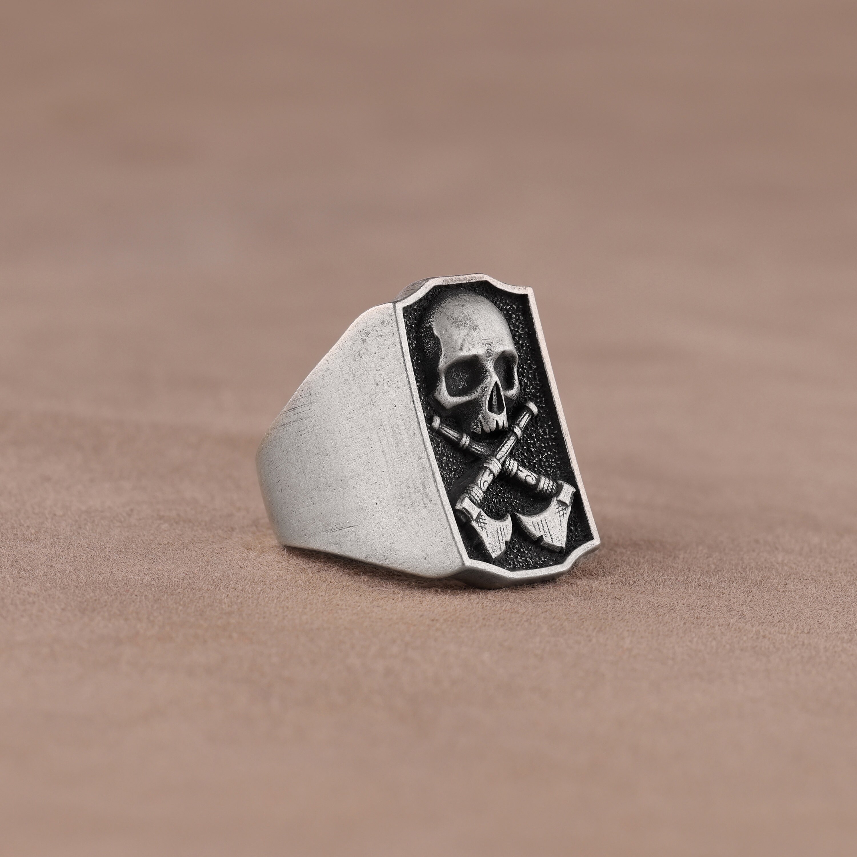 3D Skull and Axes Ring, Handmade Skull Ring, Gothic Skull Axes Silver ...