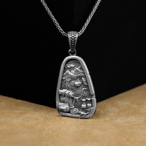 Hiking Pendant, Traveller Hiking Silver Men Necklace, Rustic Mountain Hiking Silver Men Gift Pendant, Wanderlust Hiking Adventure Pendant