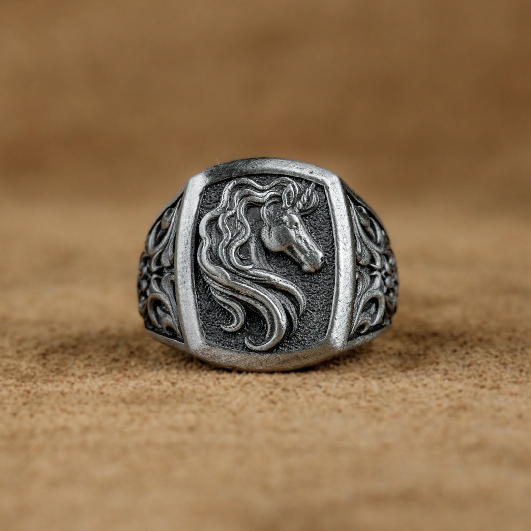 Unicorn Silver Men Ring,personalized Engagement Silver Unicorn