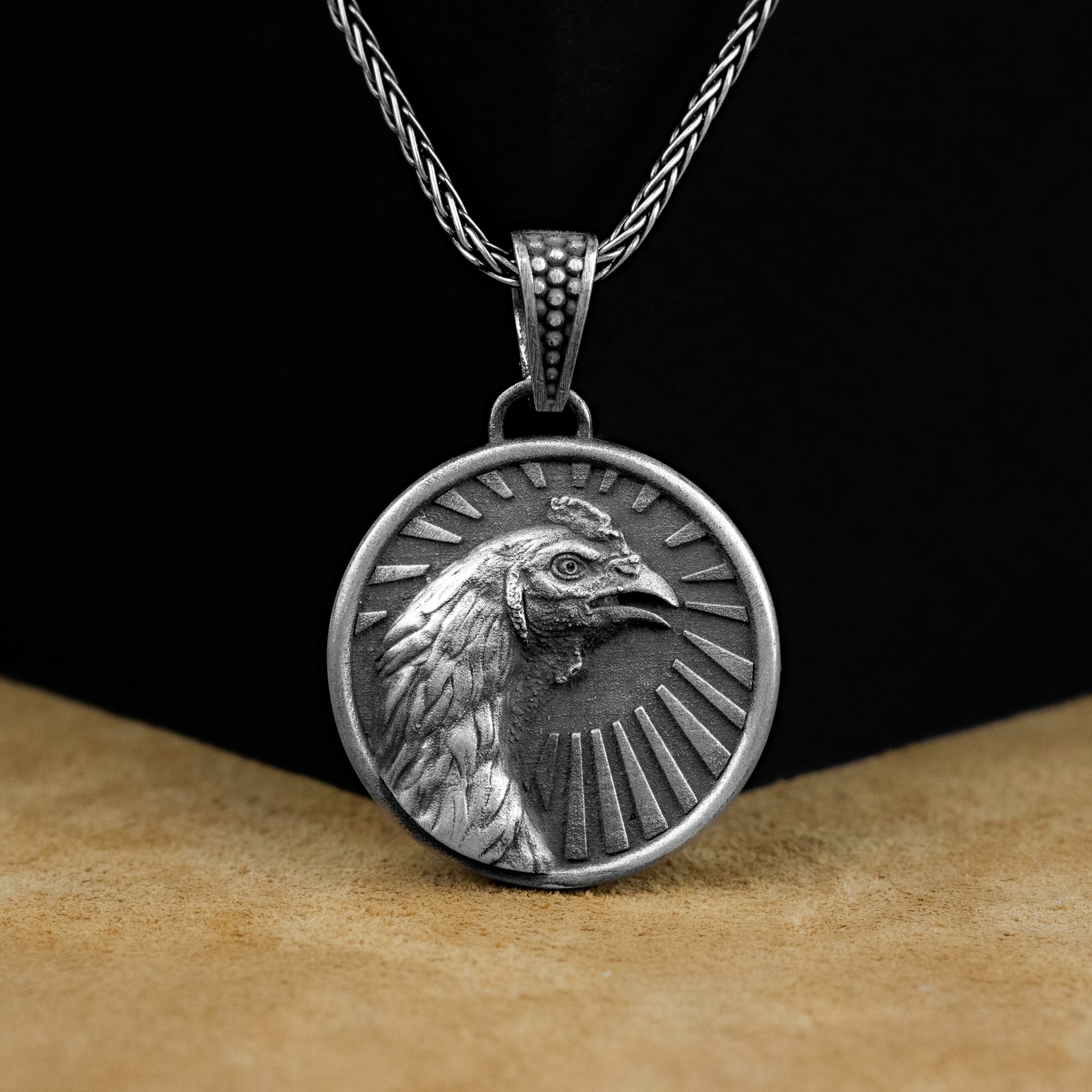 Rooster Pendant, Fighting Cock Rooster Silver Men Necklace
