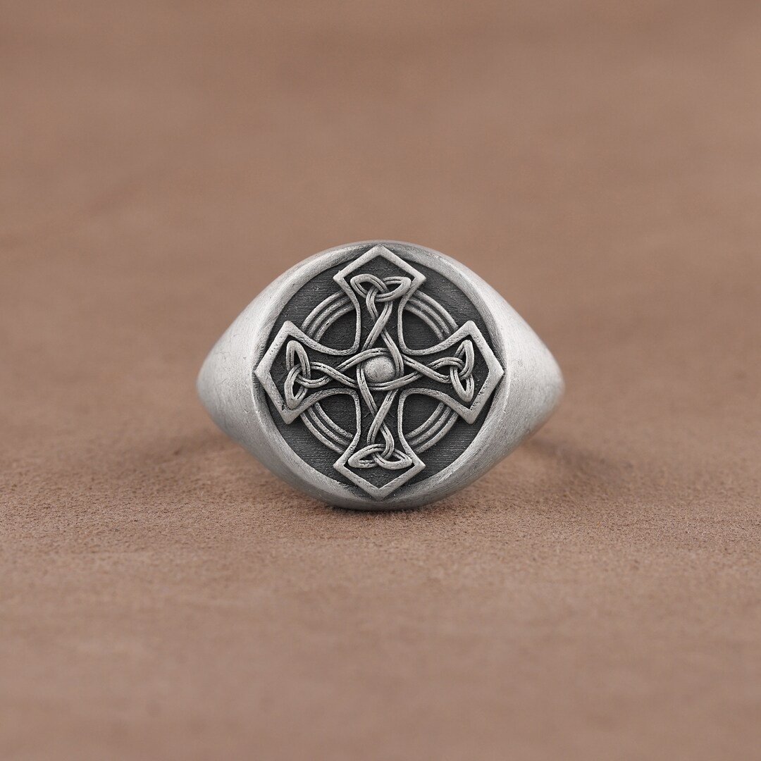 Celtic Cross Mens Pinky Ring, Handmade Celtic Knot Triquetra Engraved ...